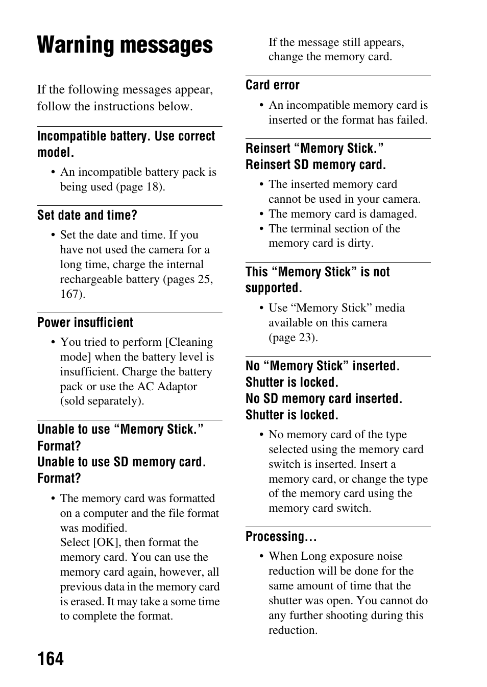 Warning messages | Sony DSLR-A330 User Manual | Page 164 / 171