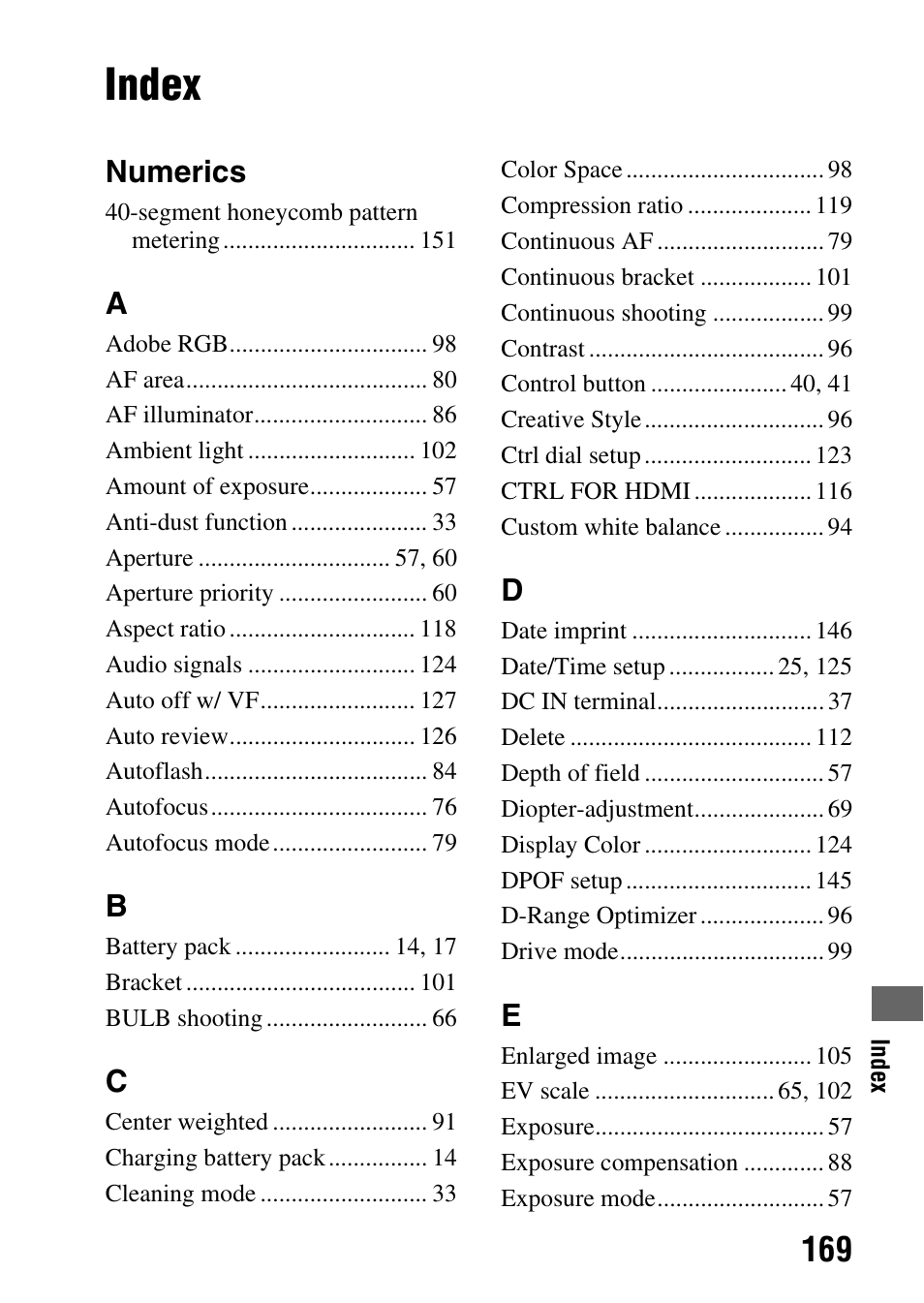 Index, Numerics | Sony DSLR-A330 User Manual | Page 169 / 171