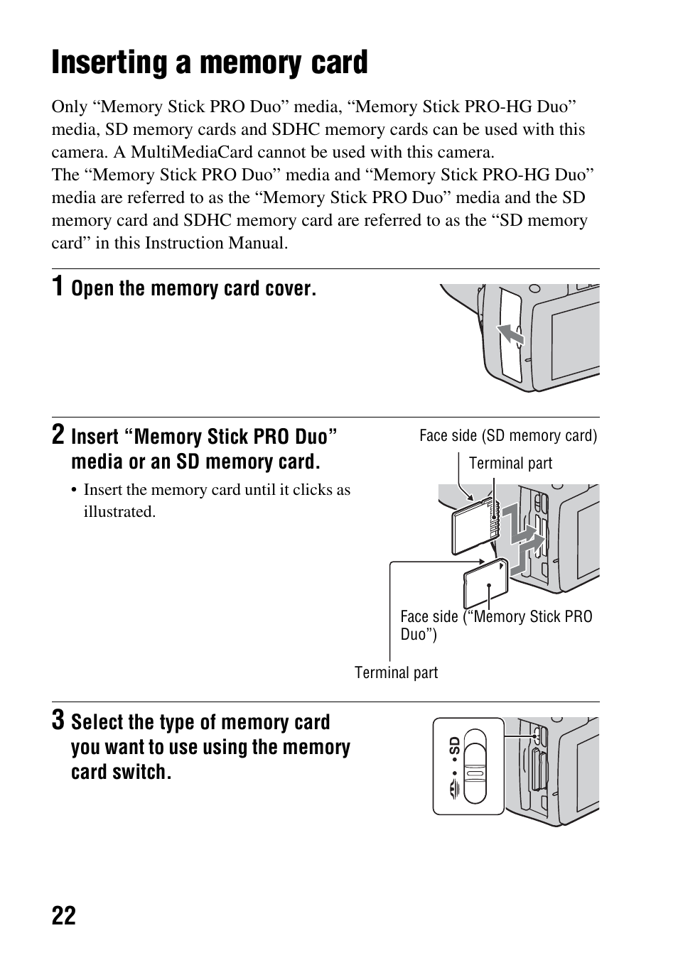 Inserting a memory card | Sony DSLR-A330 User Manual | Page 22 / 171