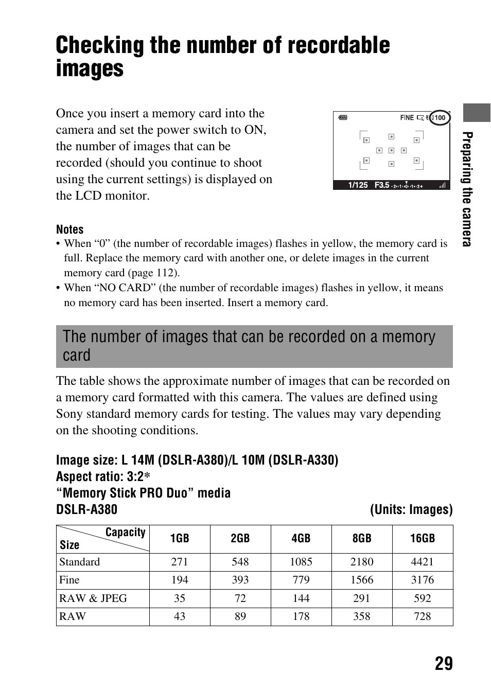 Checking the number of recordable images | Sony DSLR-A330 User Manual | Page 29 / 171