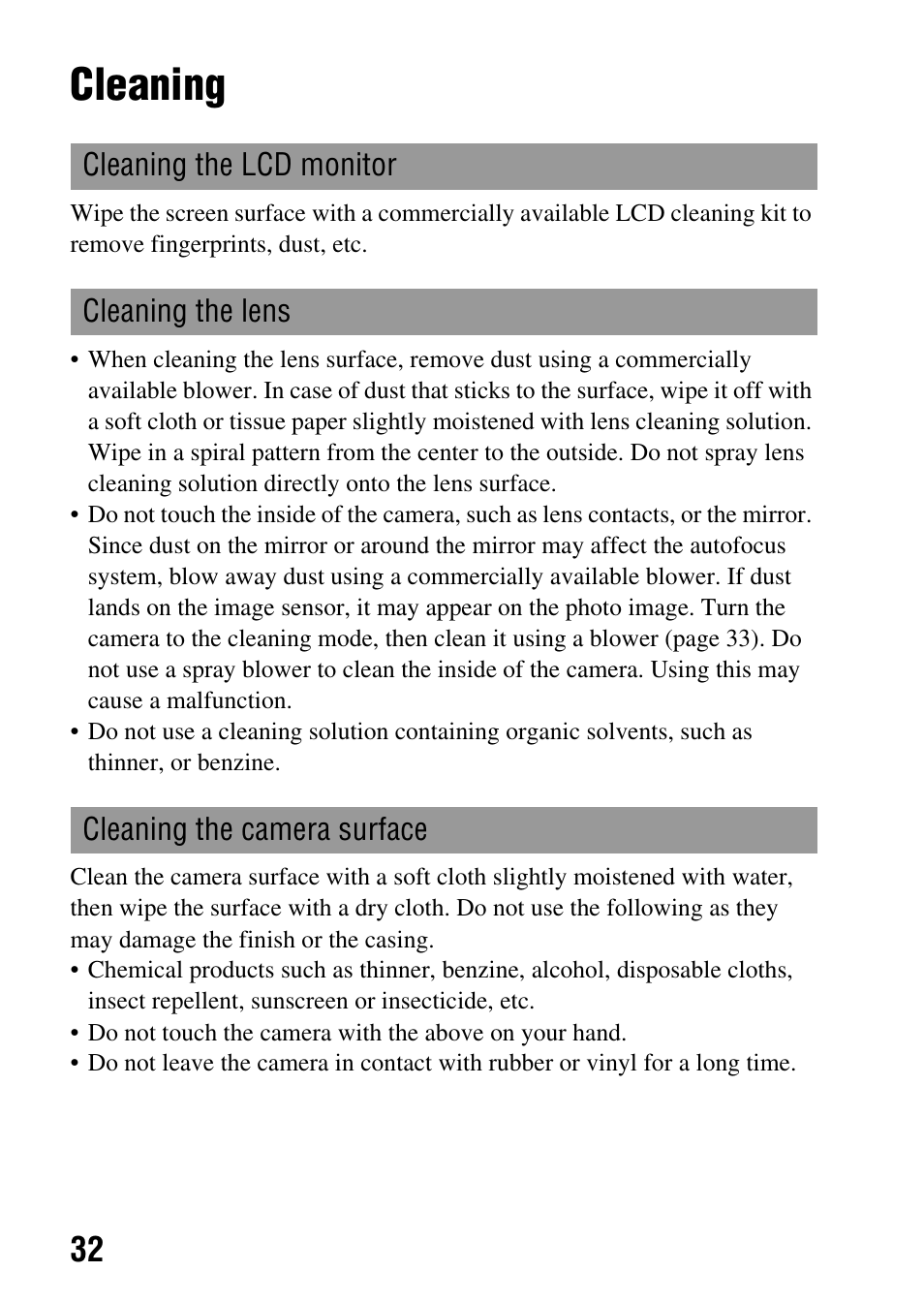 Cleaning | Sony DSLR-A330 User Manual | Page 32 / 171