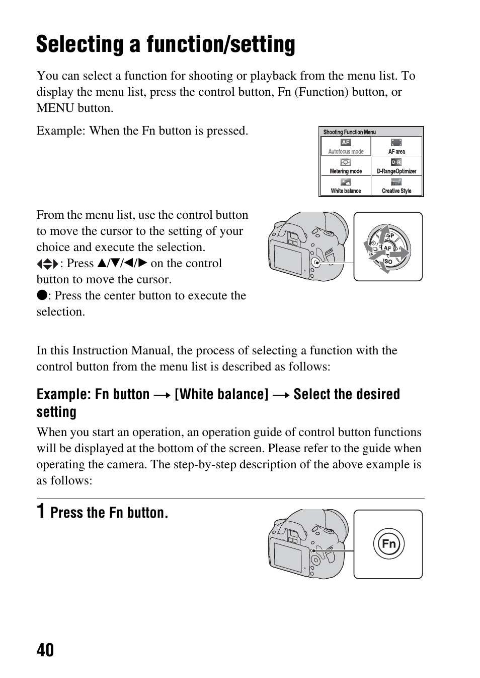 Selecting a function/setting | Sony DSLR-A330 User Manual | Page 40 / 171