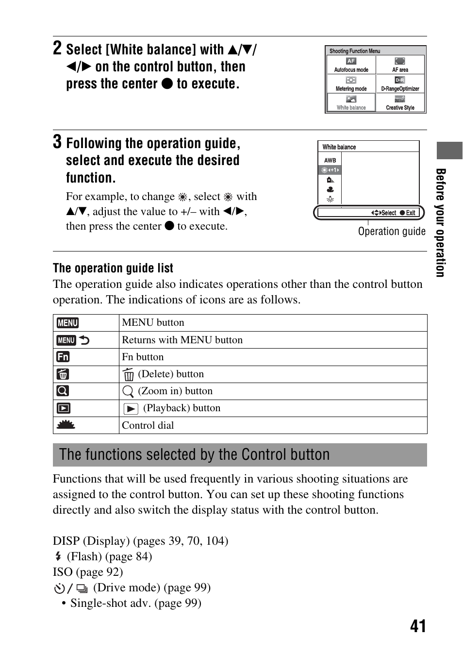 The functions selected by the control button | Sony DSLR-A330 User Manual | Page 41 / 171