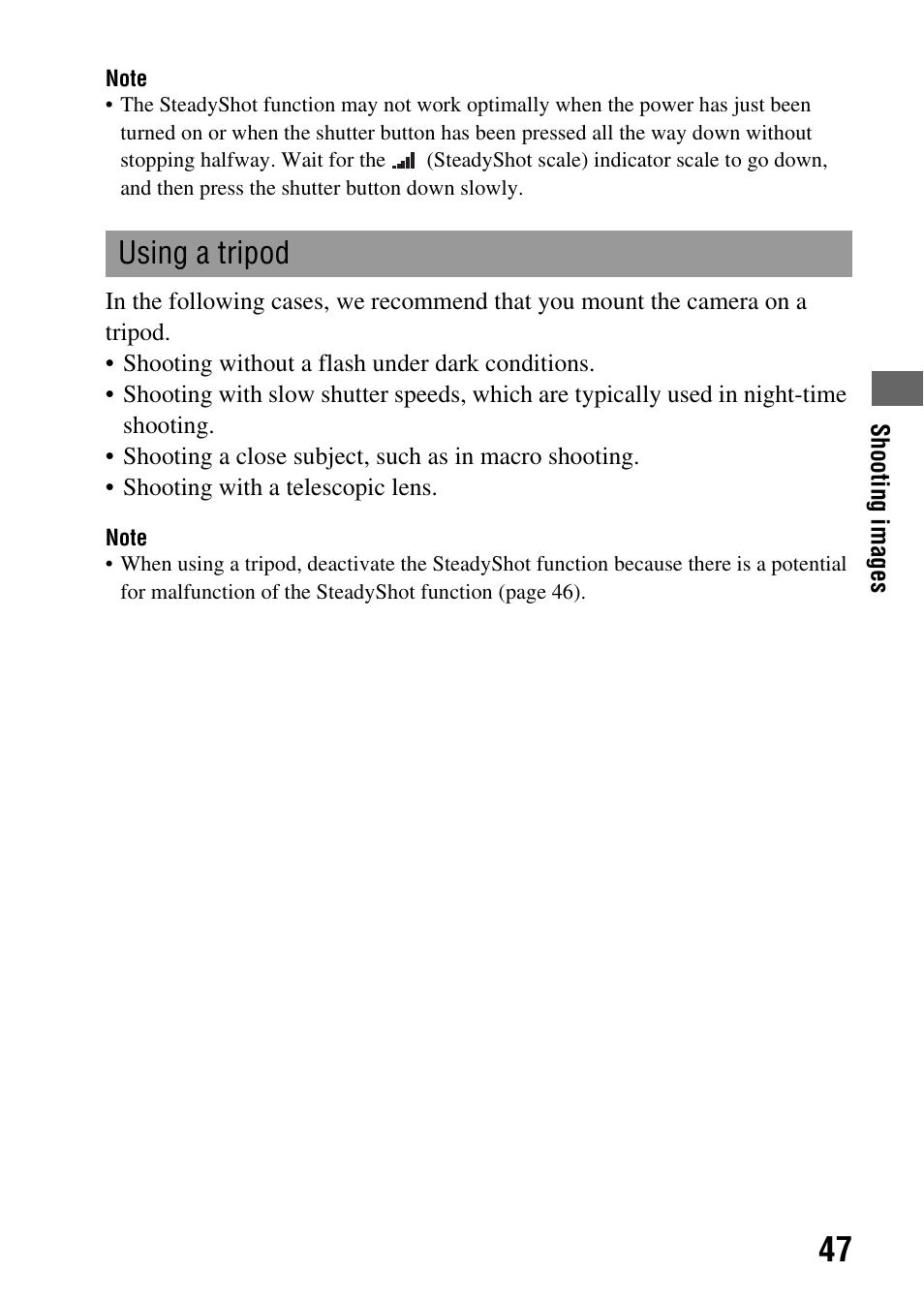 Using a tripod | Sony DSLR-A330 User Manual | Page 47 / 171