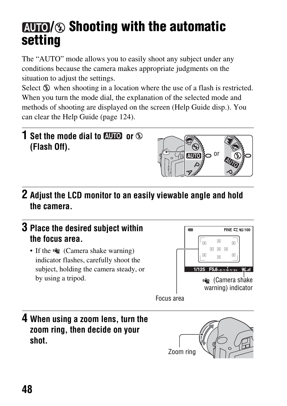 Shooting with the automatic setting, Tton (48), Dial (48 – 67 | Al (48 | Sony DSLR-A330 User Manual | Page 48 / 171