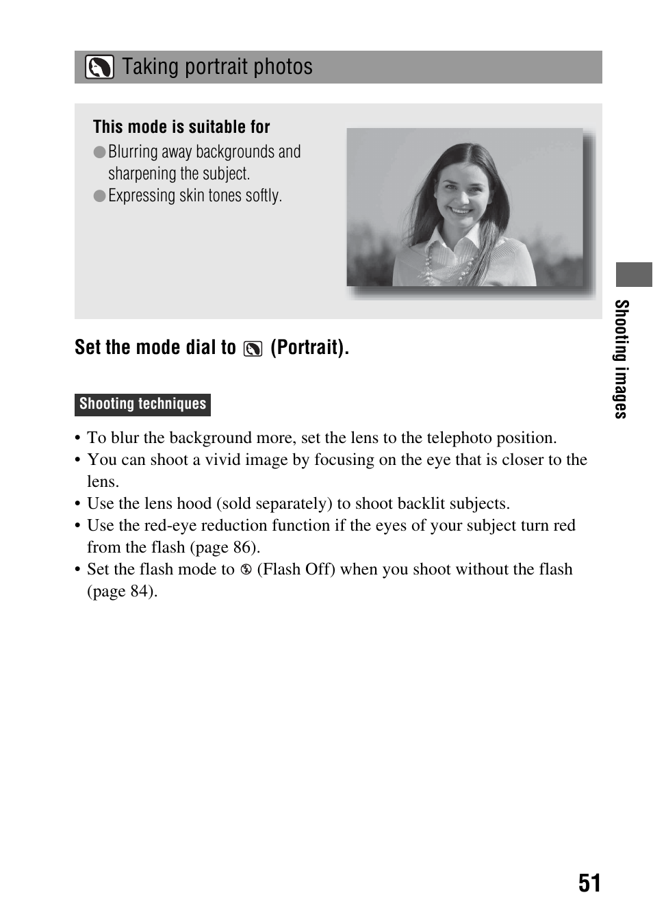 Taking portrait photos | Sony DSLR-A330 User Manual | Page 51 / 171