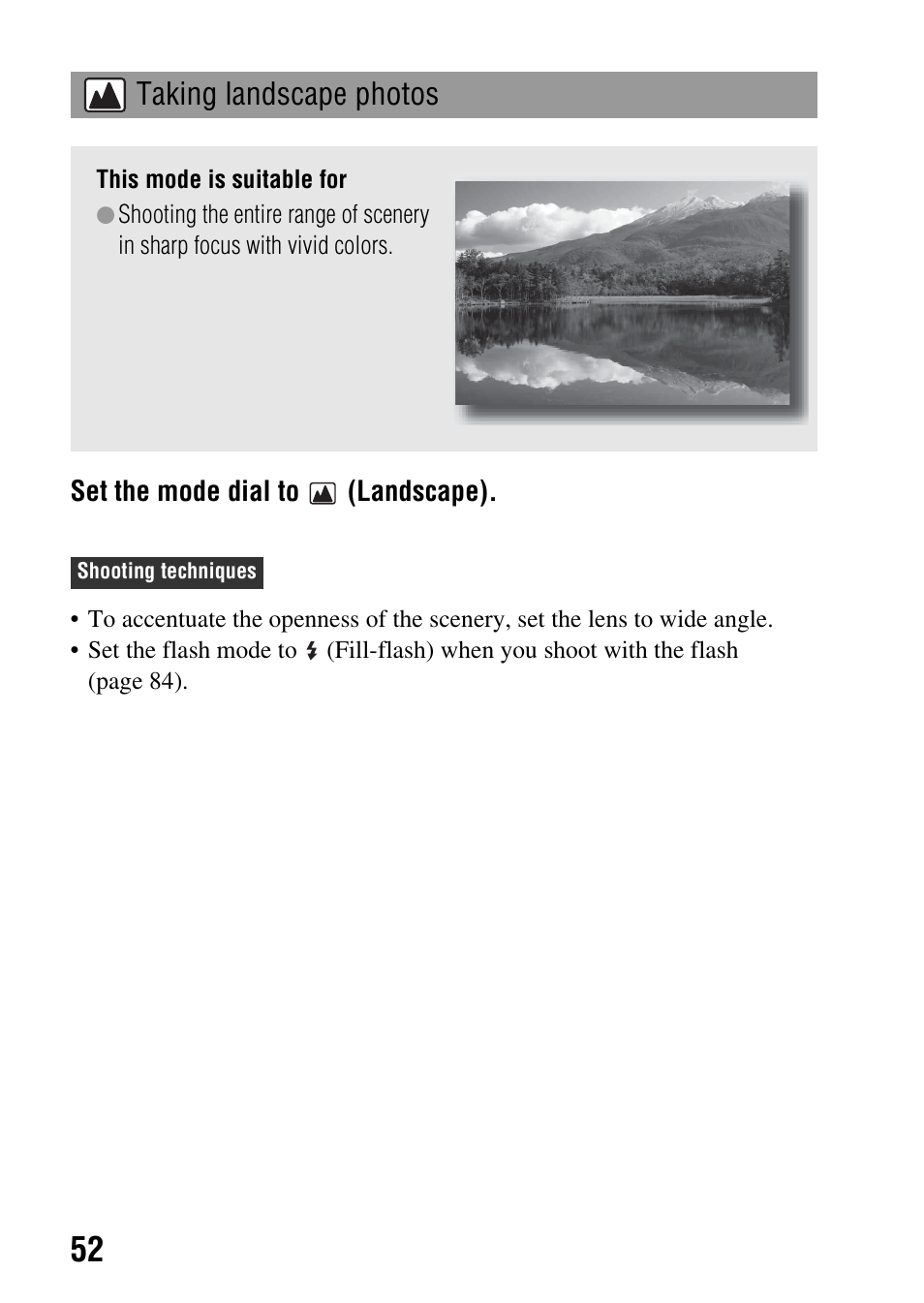 Taking landscape photos | Sony DSLR-A330 User Manual | Page 52 / 171