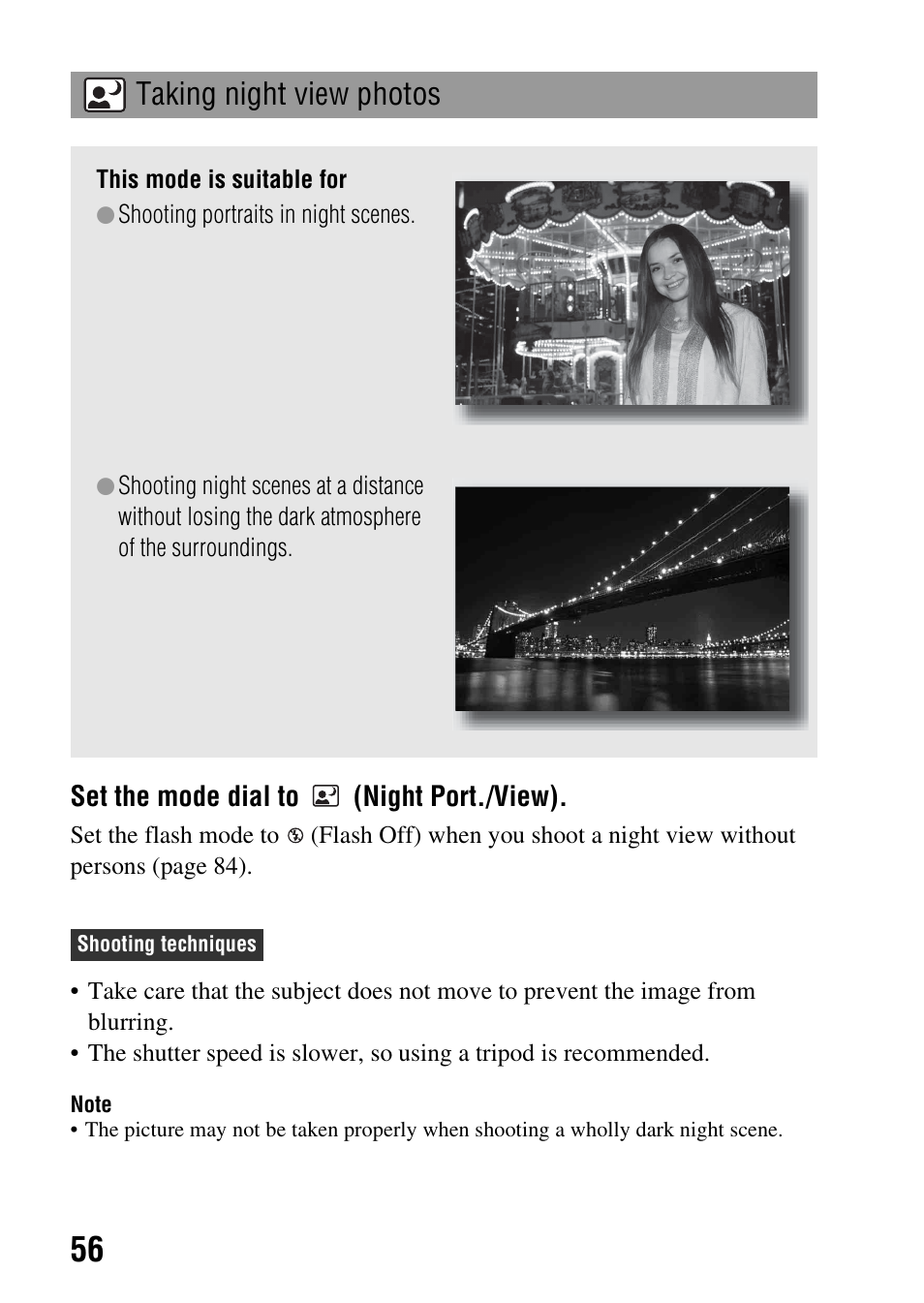 Taking night view photos | Sony DSLR-A330 User Manual | Page 56 / 171