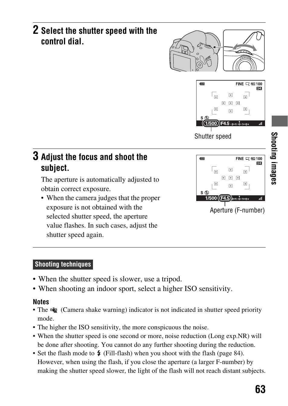 Select the shutter speed with the control dial, Adjust the focus and shoot the subject | Sony DSLR-A330 User Manual | Page 63 / 171