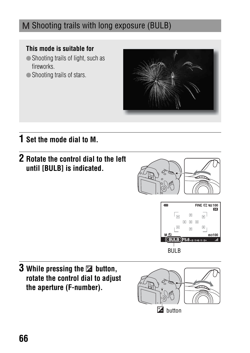 Shooting trails with long exposure (bulb) | Sony DSLR-A330 User Manual | Page 66 / 171