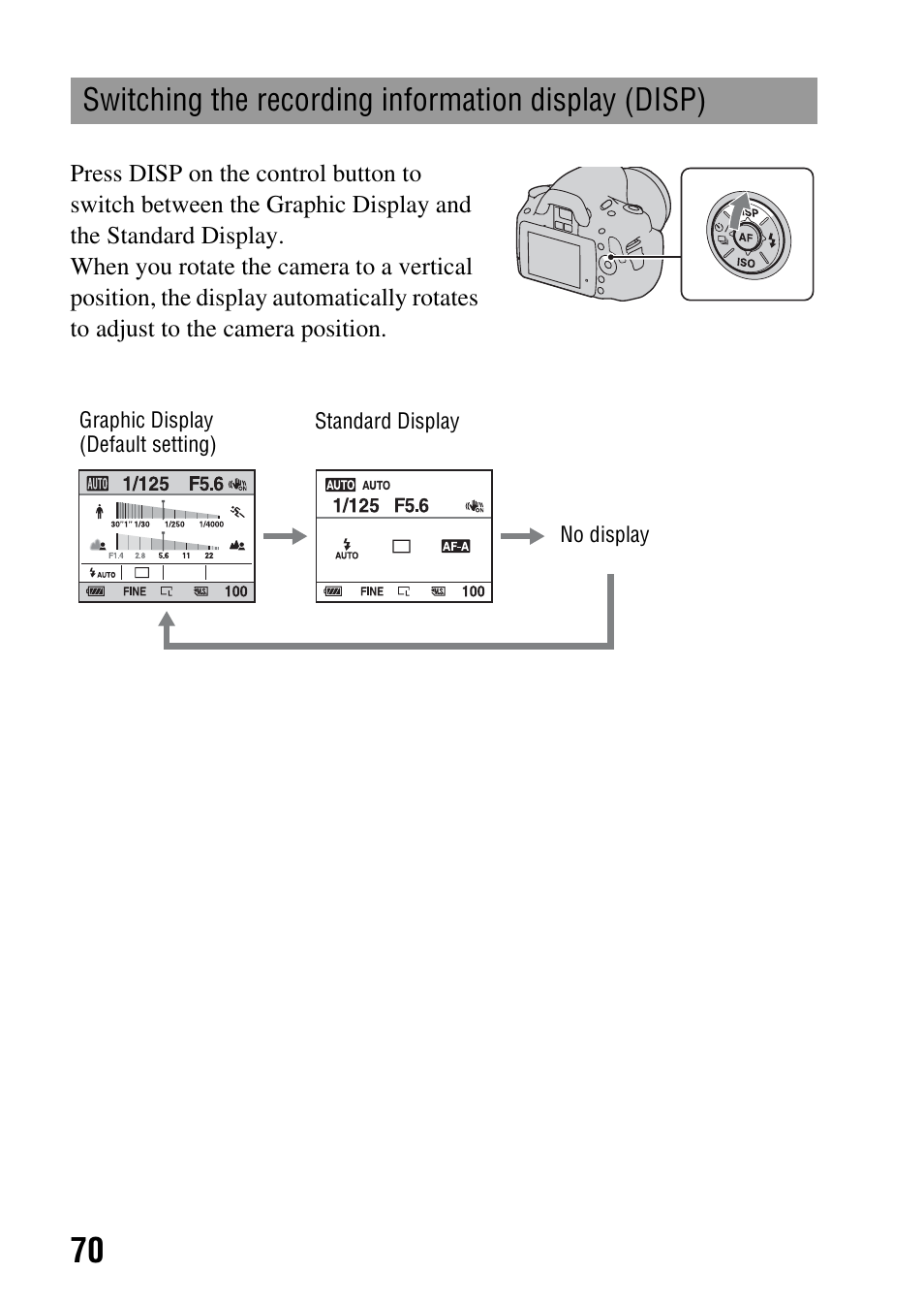 Switching the recording information display (disp) | Sony DSLR-A330 User Manual | Page 70 / 171