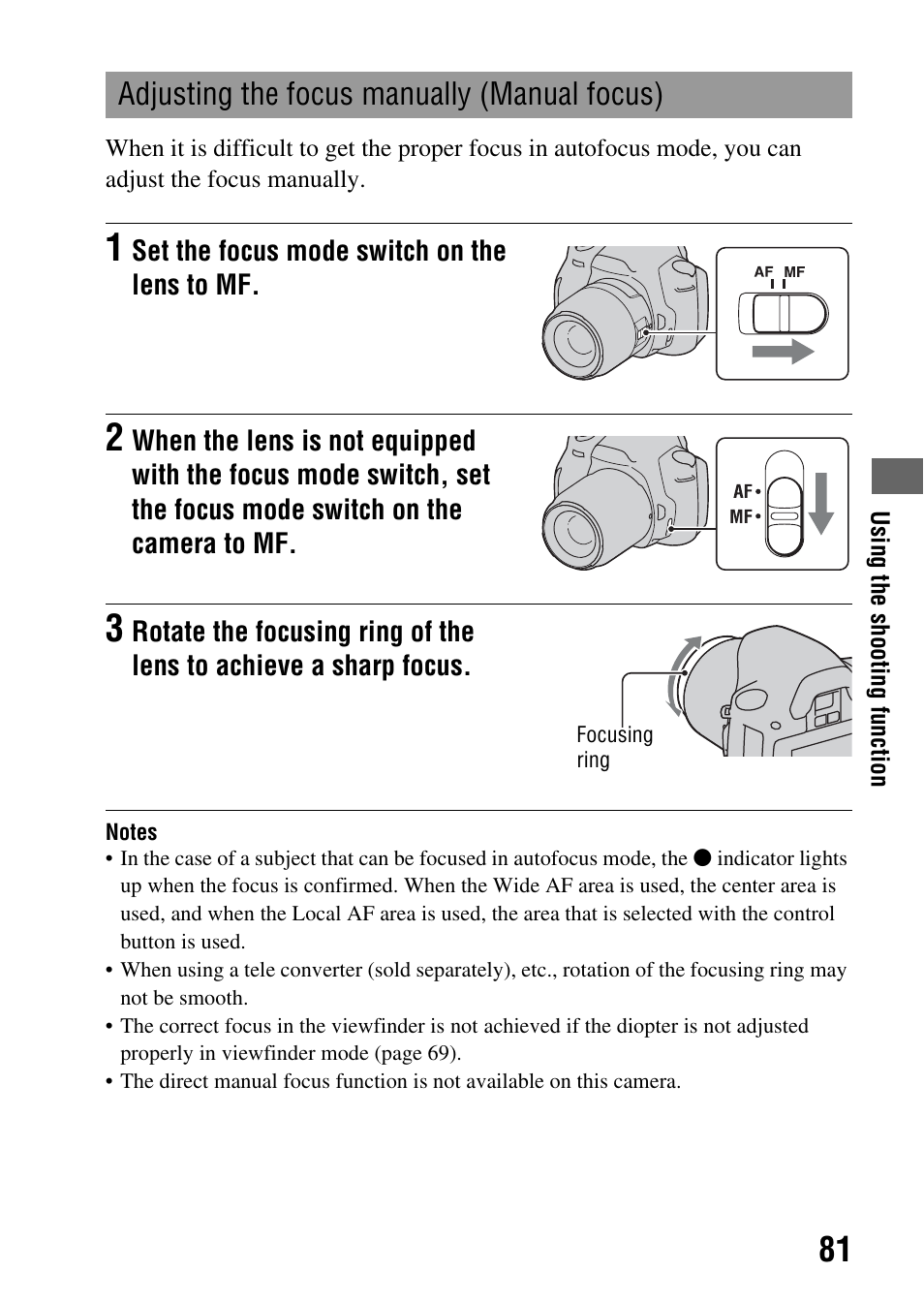 Adjusting the focus manually (manual focus) | Sony DSLR-A330 User Manual | Page 81 / 171