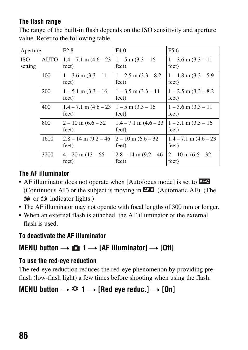 Ion (86), E reduc. (86), On (86) | Menu button t 1 t [af illuminator] t [off, Menu button t 1 t [red eye reduc.] t [on | Sony DSLR-A330 User Manual | Page 86 / 171