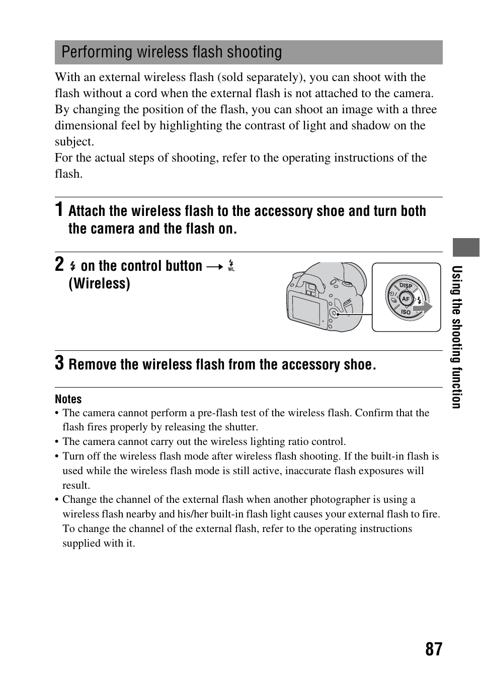 Performing wireless flash shooting, Flash (87) | Sony DSLR-A330 User Manual | Page 87 / 171