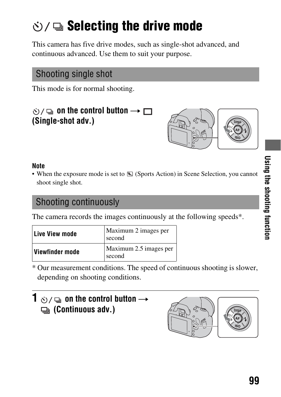 Selecting the drive mode, Shooting single shot, Shooting continuously | Shooting single shot shooting continuously, De (99), G (99) | Sony DSLR-A330 User Manual | Page 99 / 171