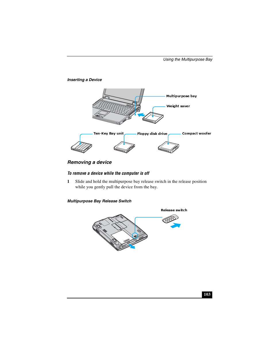 Removing a device, To remove a device while the computer is off | Sony PCG-NV290 User Manual | Page 103 / 206