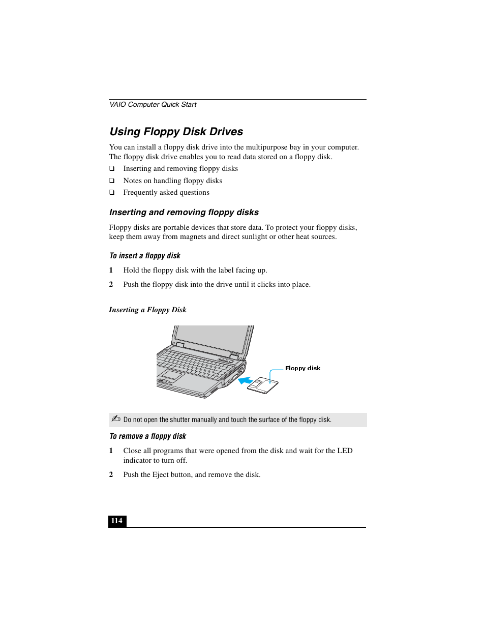 Using floppy disk drives, Inserting and removing floppy disks | Sony PCG-NV290 User Manual | Page 114 / 206