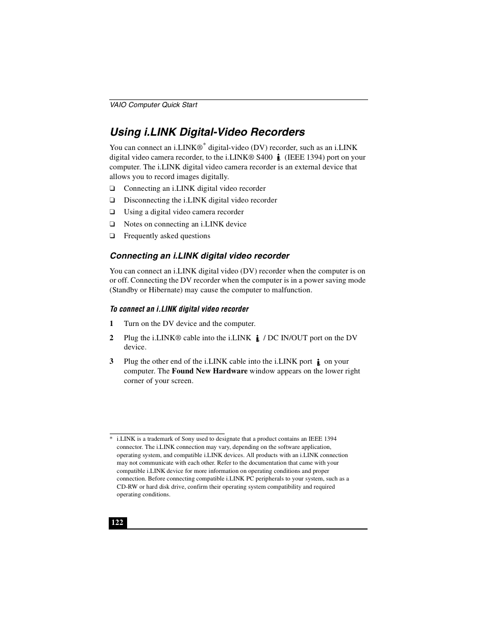 Using i.link digital-video recorders, Connecting an i.link digital video recorder | Sony PCG-NV290 User Manual | Page 122 / 206