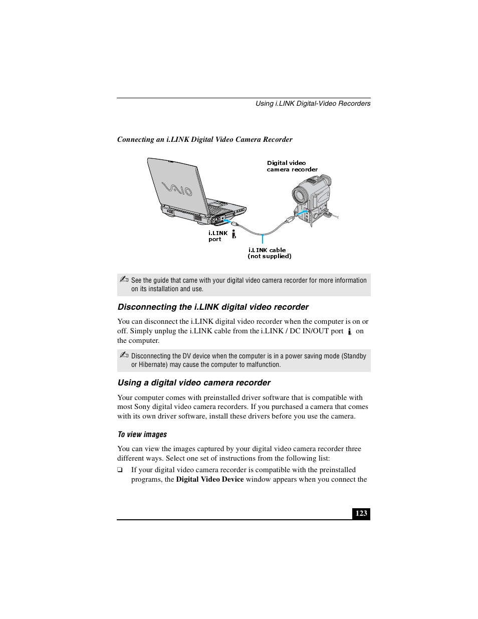 Disconnecting the i.link digital video recorder, Using a digital video camera recorder | Sony PCG-NV290 User Manual | Page 123 / 206