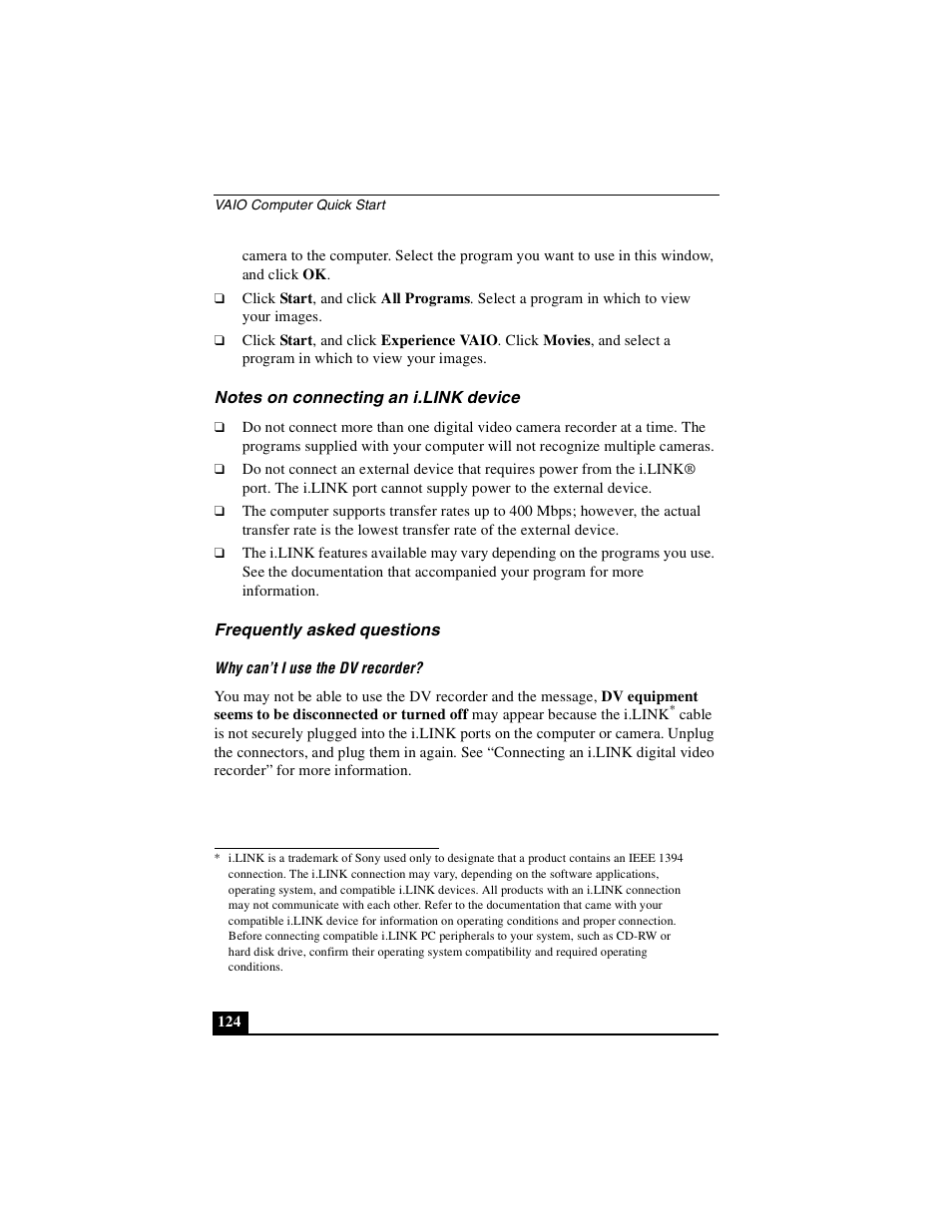 Notes on connecting an i.link device, Frequently asked questions | Sony PCG-NV290 User Manual | Page 124 / 206