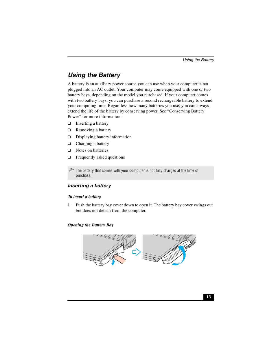 Using the battery, Inserting a battery | Sony PCG-NV290 User Manual | Page 13 / 206