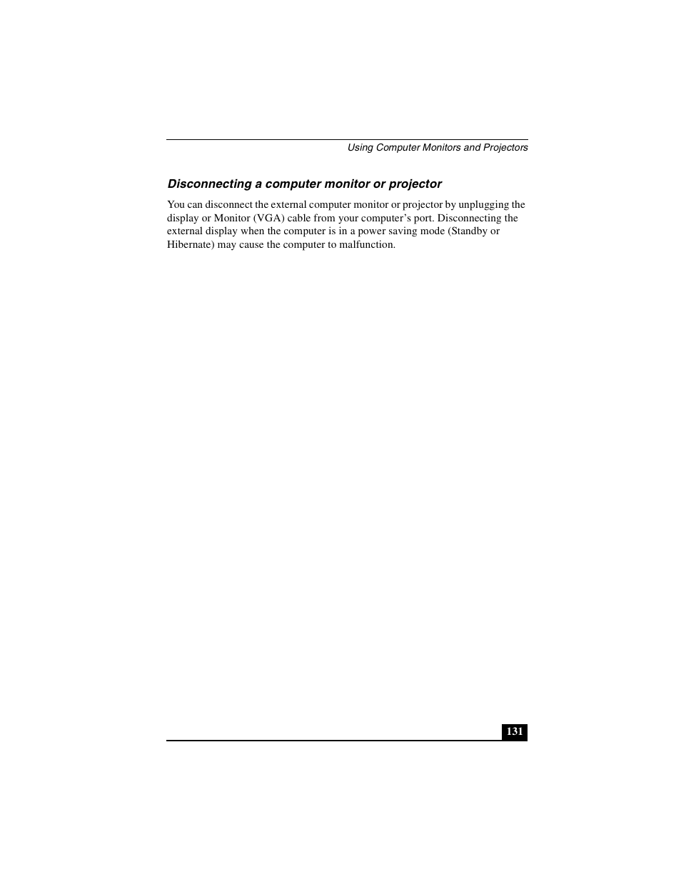 Disconnecting a computer monitor or projector | Sony PCG-NV290 User Manual | Page 131 / 206