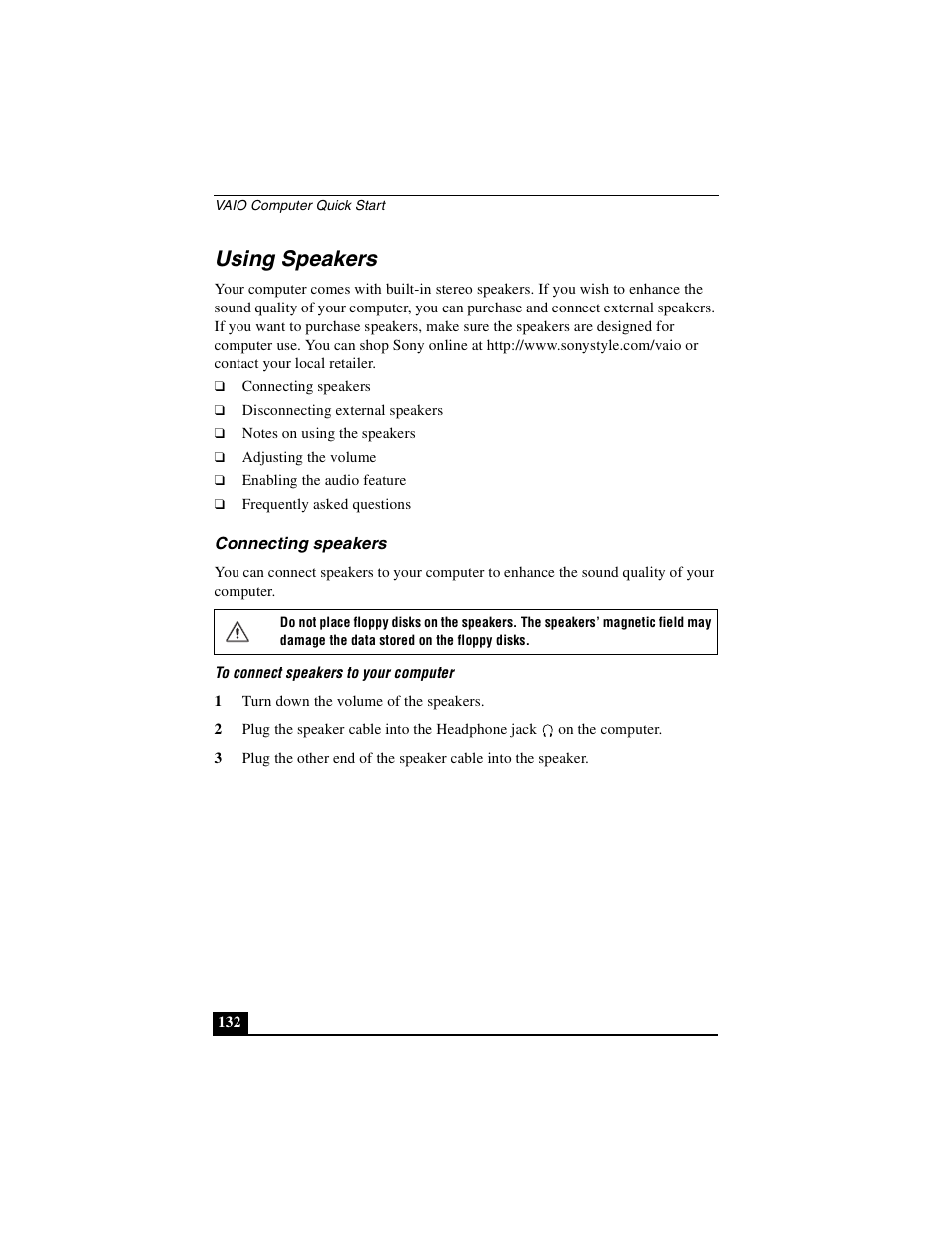 Using speakers, Connecting speakers | Sony PCG-NV290 User Manual | Page 132 / 206