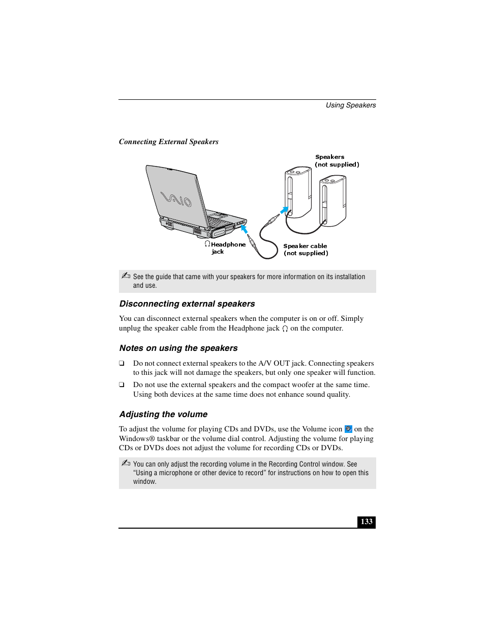 Disconnecting external speakers, Notes on using the speakers, Adjusting the volume | Sony PCG-NV290 User Manual | Page 133 / 206