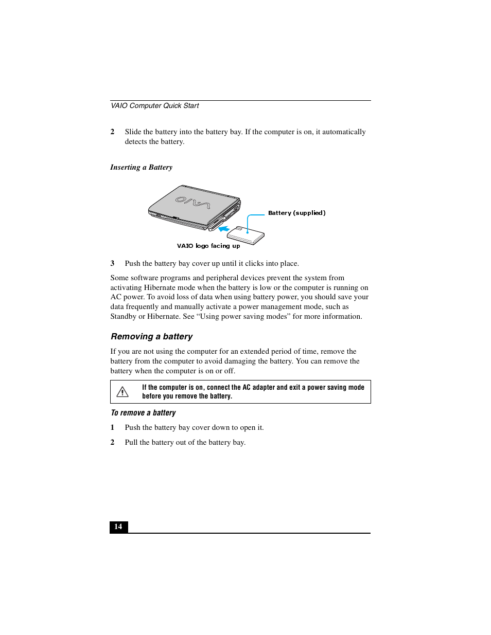 Removing a battery | Sony PCG-NV290 User Manual | Page 14 / 206