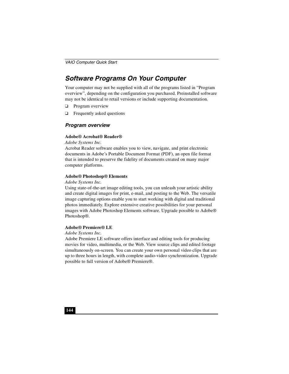 Software programs on your computer, Program overview | Sony PCG-NV290 User Manual | Page 144 / 206