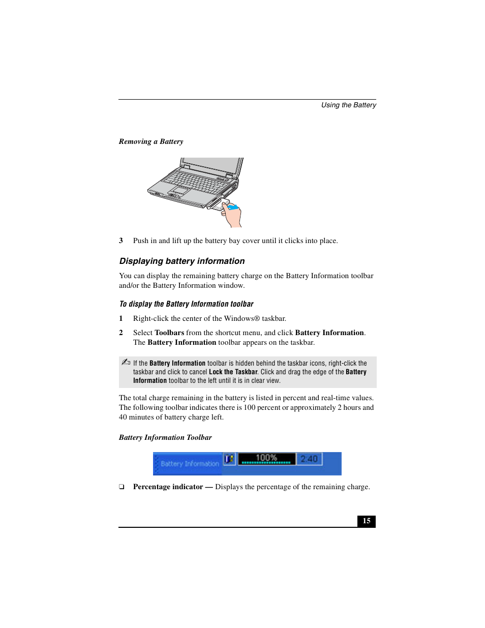 Displaying battery information | Sony PCG-NV290 User Manual | Page 15 / 206