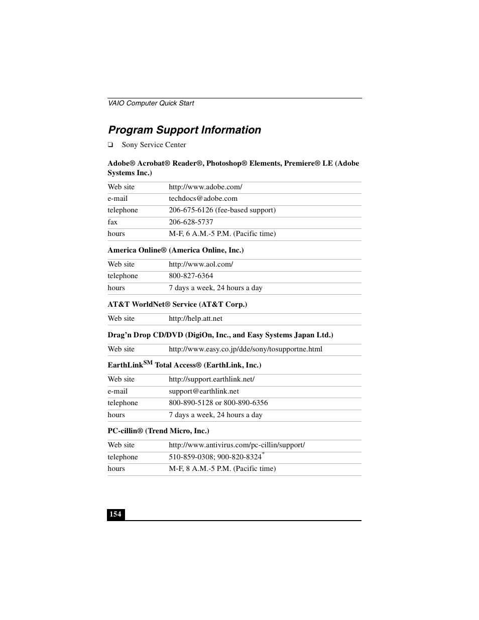 Program support information | Sony PCG-NV290 User Manual | Page 154 / 206