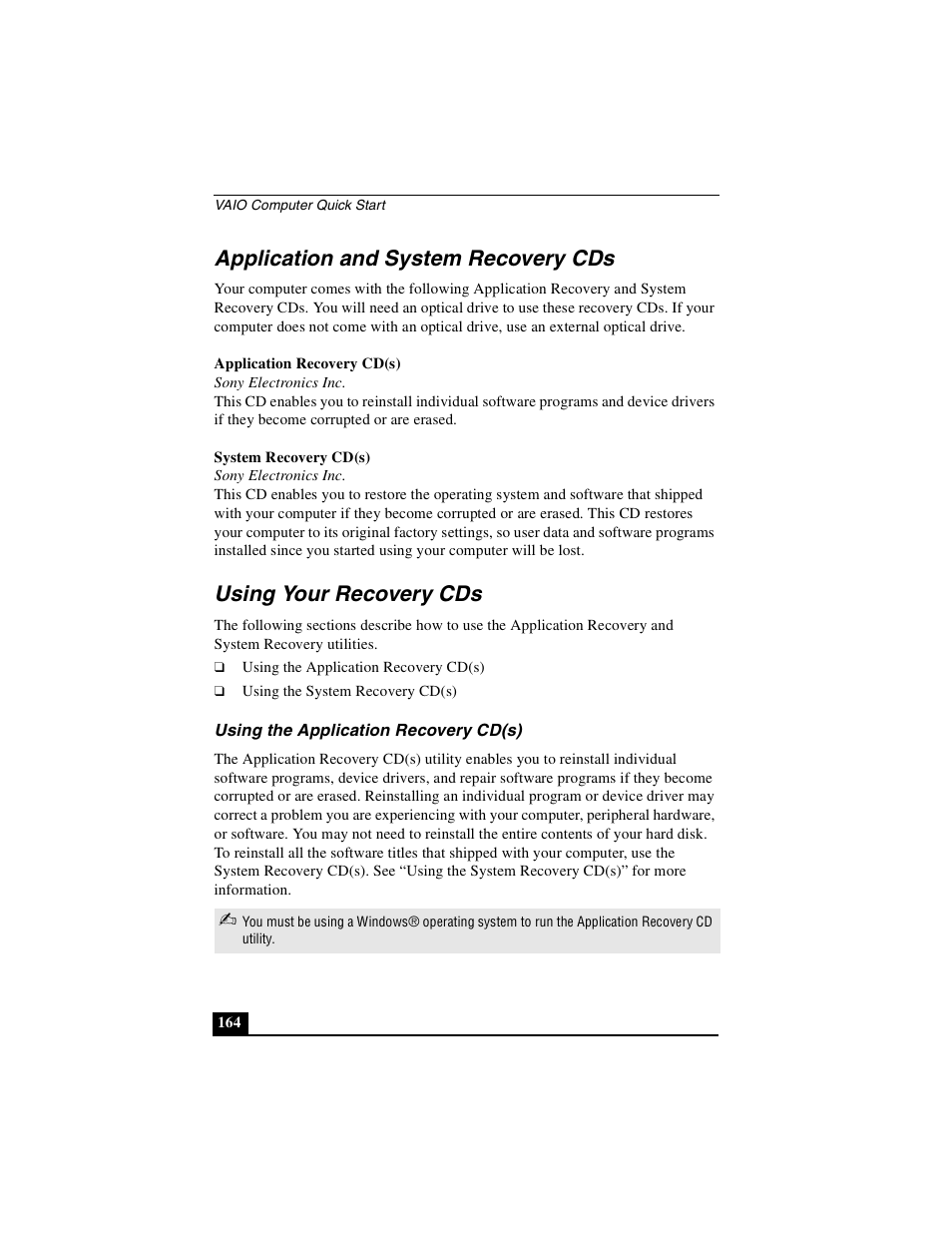 Application and system recovery cds, Using your recovery cds, Using the application recovery cd(s) | Sony PCG-NV290 User Manual | Page 164 / 206