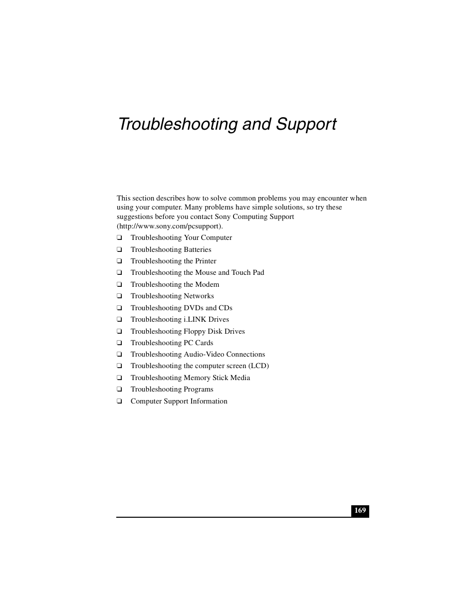 Troubleshooting and support | Sony PCG-NV290 User Manual | Page 169 / 206