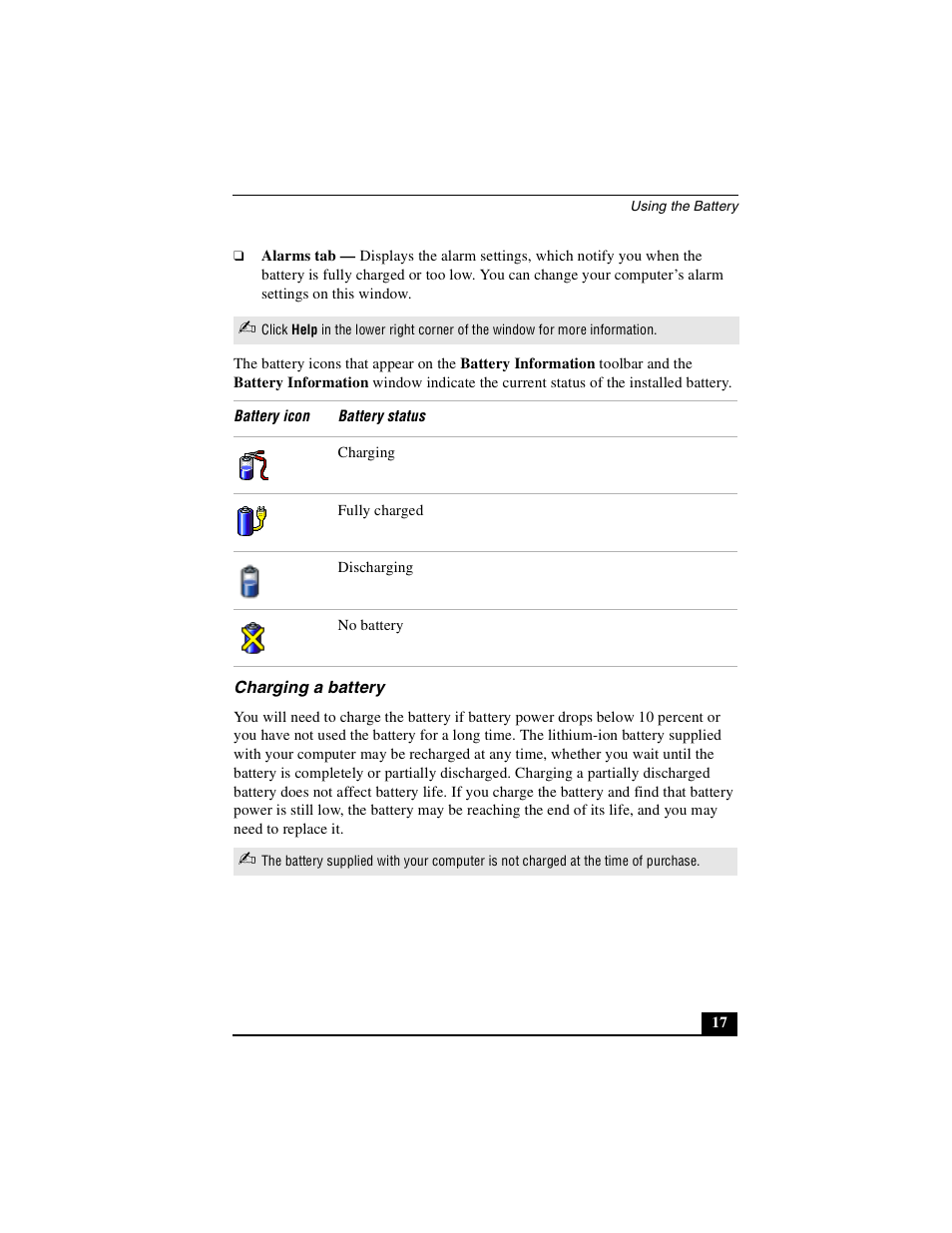 Charging a battery | Sony PCG-NV290 User Manual | Page 17 / 206