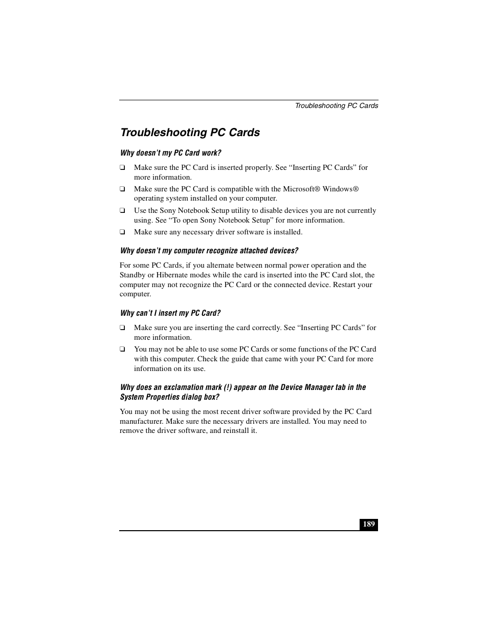 Troubleshooting pc cards | Sony PCG-NV290 User Manual | Page 189 / 206