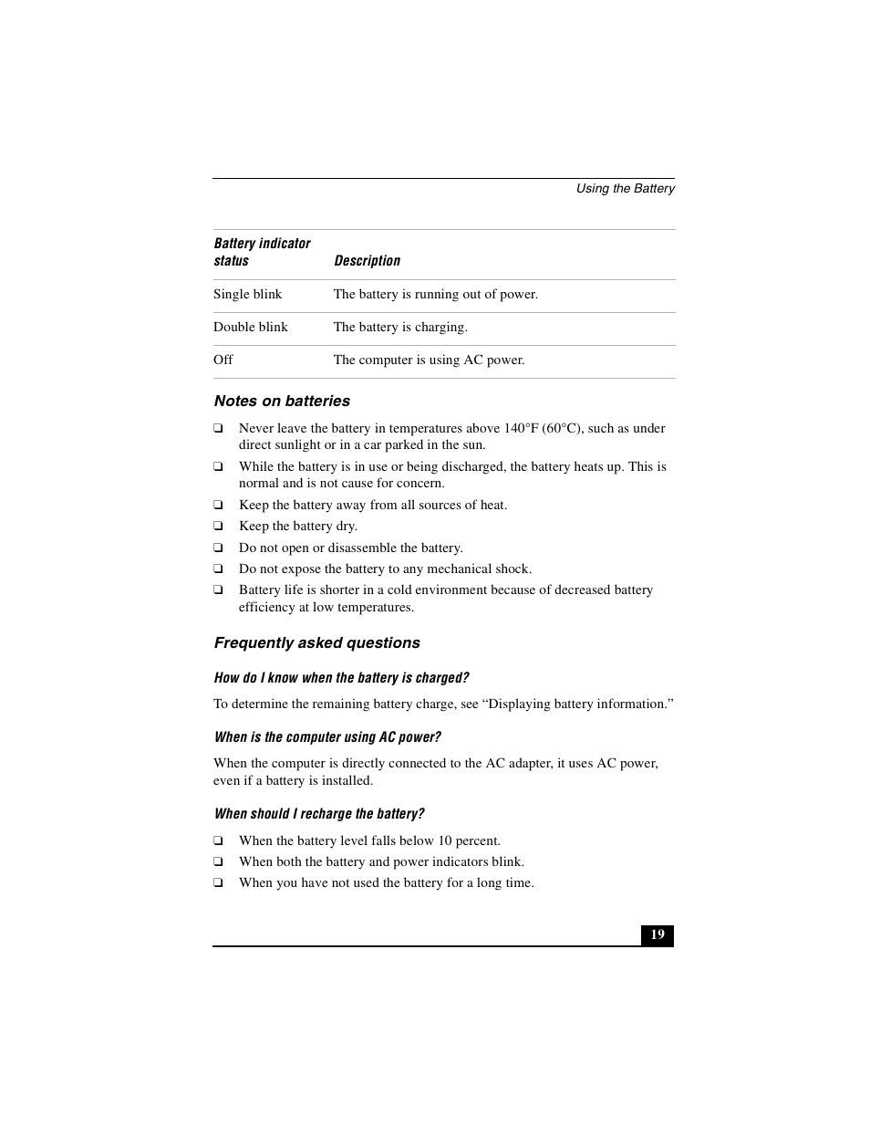 Notes on batteries frequently asked questions, Notes on batteries, Frequently asked questions | Sony PCG-NV290 User Manual | Page 19 / 206