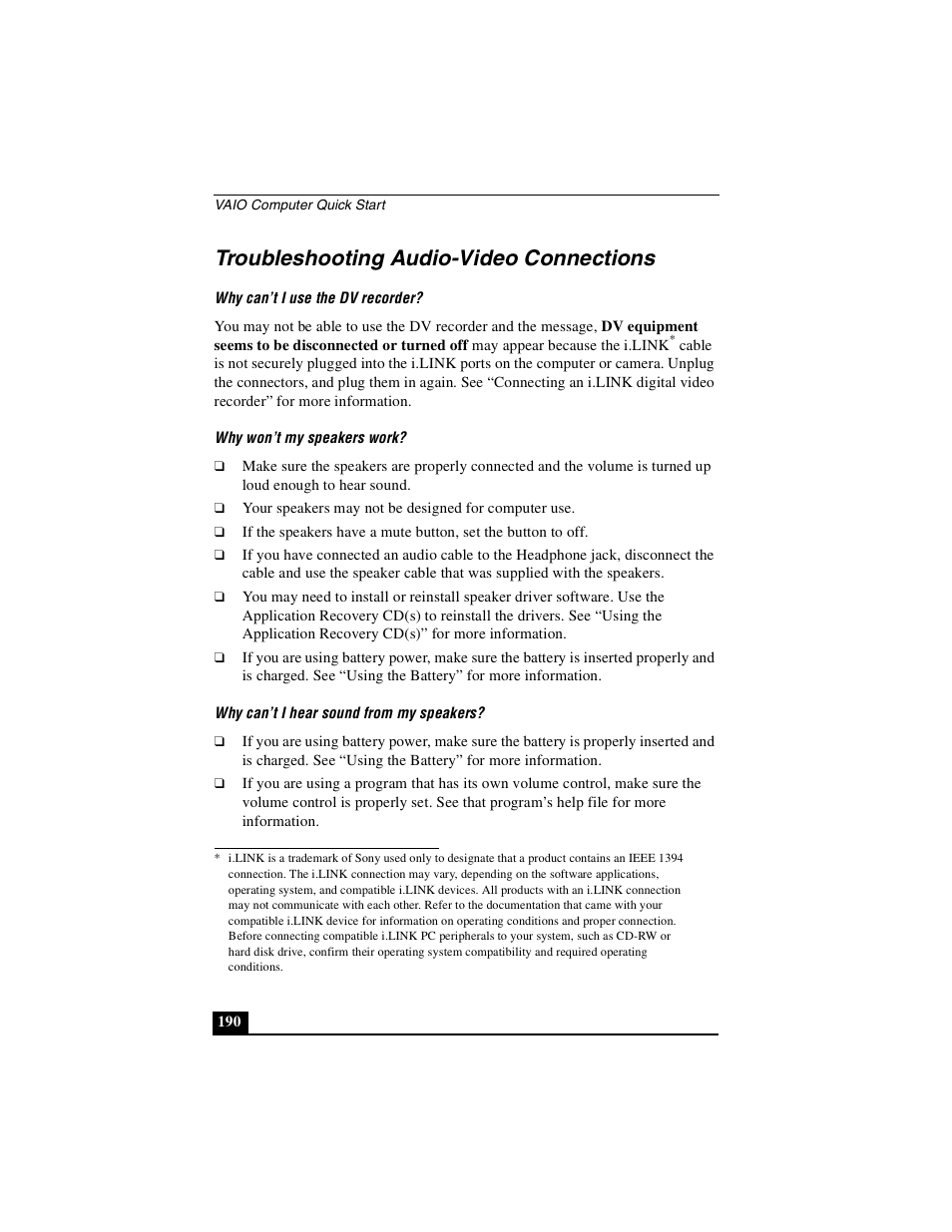 Troubleshooting audio-video connections | Sony PCG-NV290 User Manual | Page 190 / 206