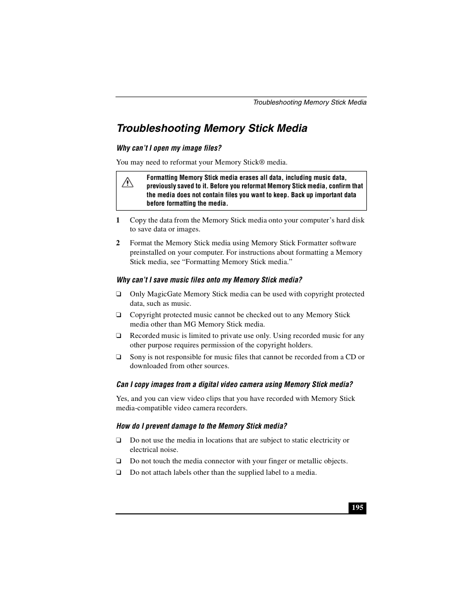 Troubleshooting memory stick media | Sony PCG-NV290 User Manual | Page 195 / 206