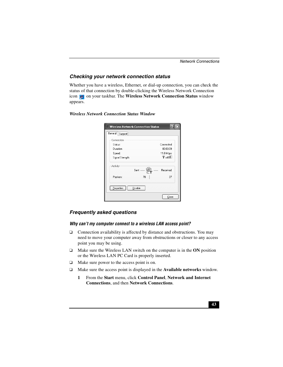 Checking your network connection status, Frequently asked questions | Sony PCG-NV290 User Manual | Page 43 / 206