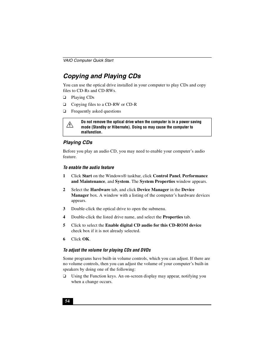 Copying and playing cds, Playing cds | Sony PCG-NV290 User Manual | Page 54 / 206