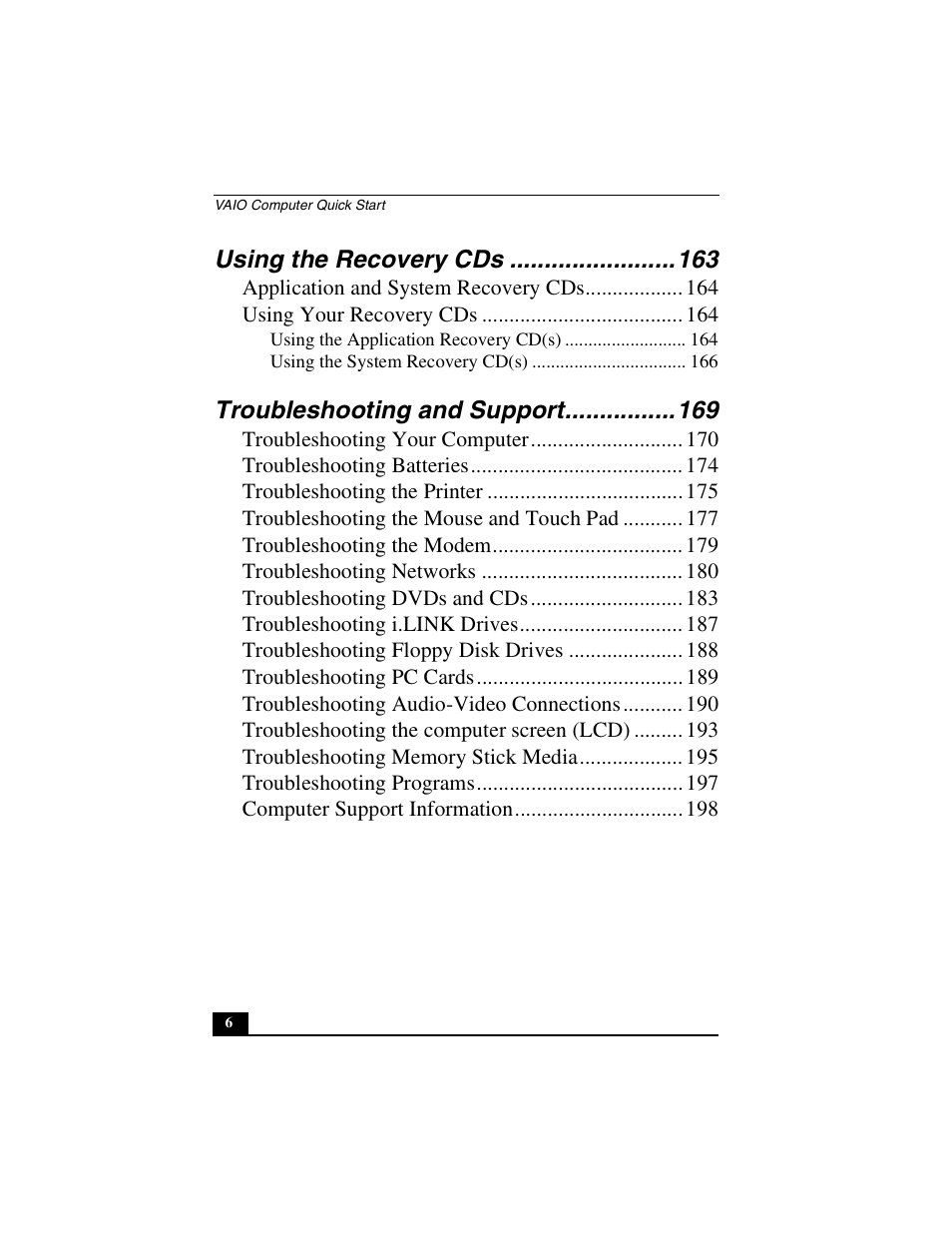 Using the recovery cds, Troubleshooting and support | Sony PCG-NV290 User Manual | Page 6 / 206
