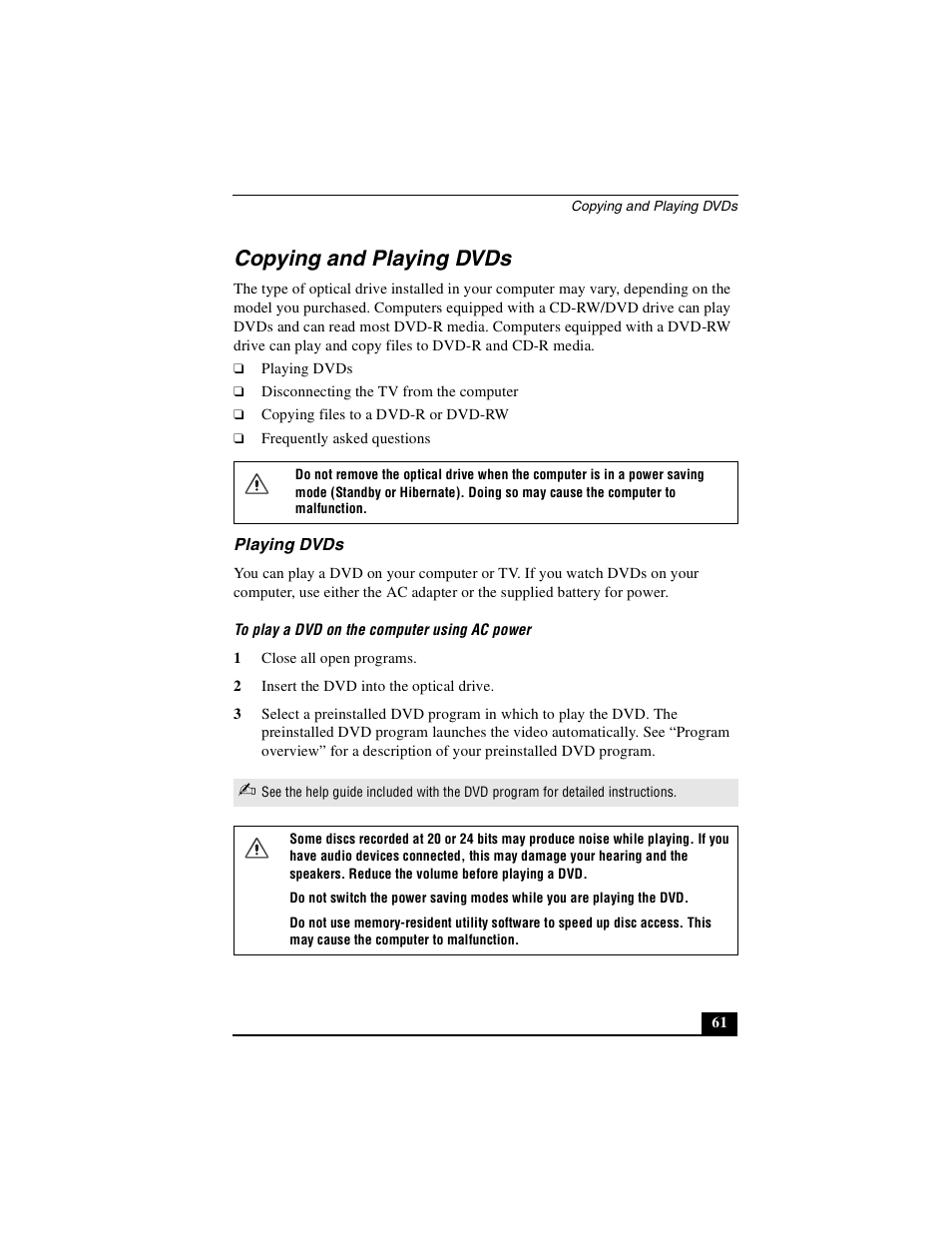 Copying and playing dvds, Playing dvds | Sony PCG-NV290 User Manual | Page 61 / 206