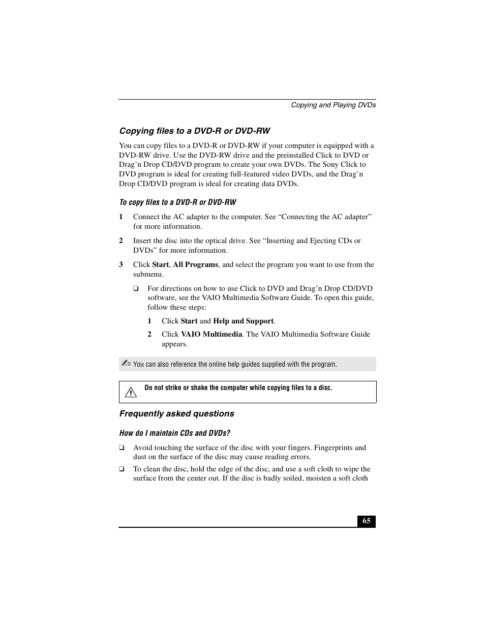 Copying files to a dvd-r or dvd-rw, Frequently asked questions | Sony PCG-NV290 User Manual | Page 65 / 206