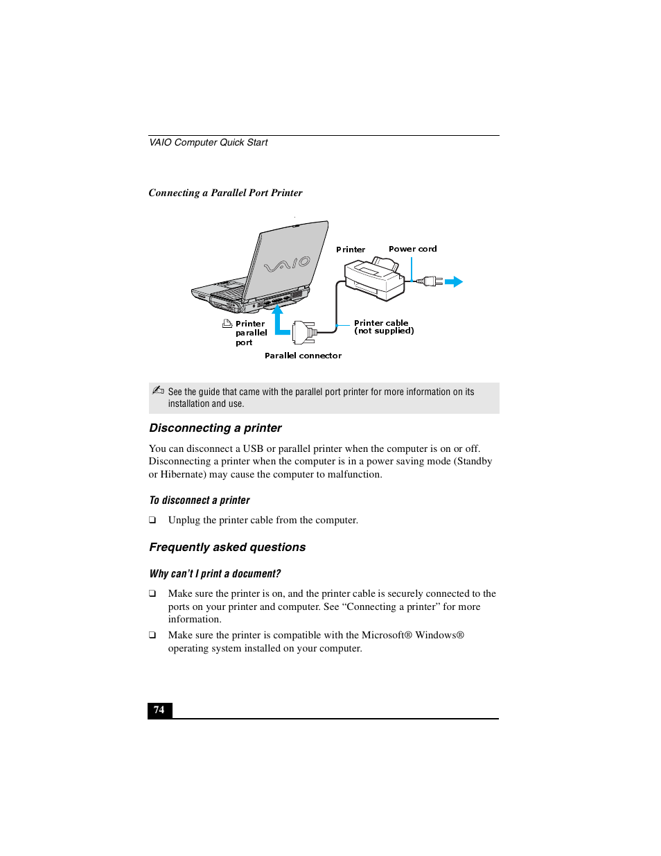 Disconnecting a printer frequently asked questions, Disconnecting a printer, Frequently asked questions | Sony PCG-NV290 User Manual | Page 74 / 206