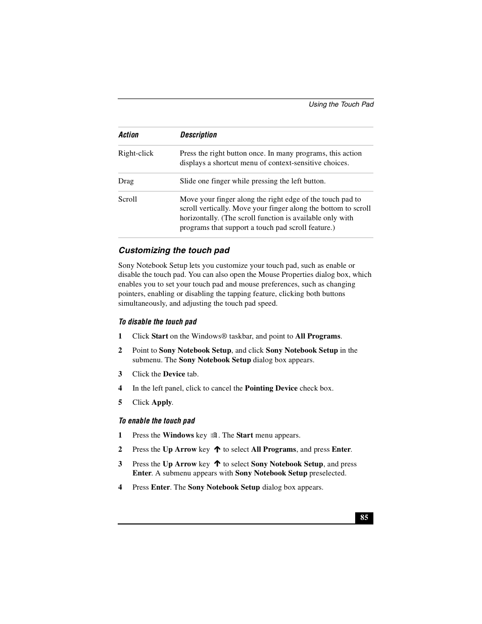 Customizing the touch pad | Sony PCG-NV290 User Manual | Page 85 / 206