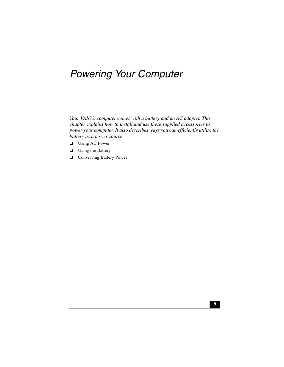 Powering your computer | Sony PCG-NV290 User Manual | Page 9 / 206