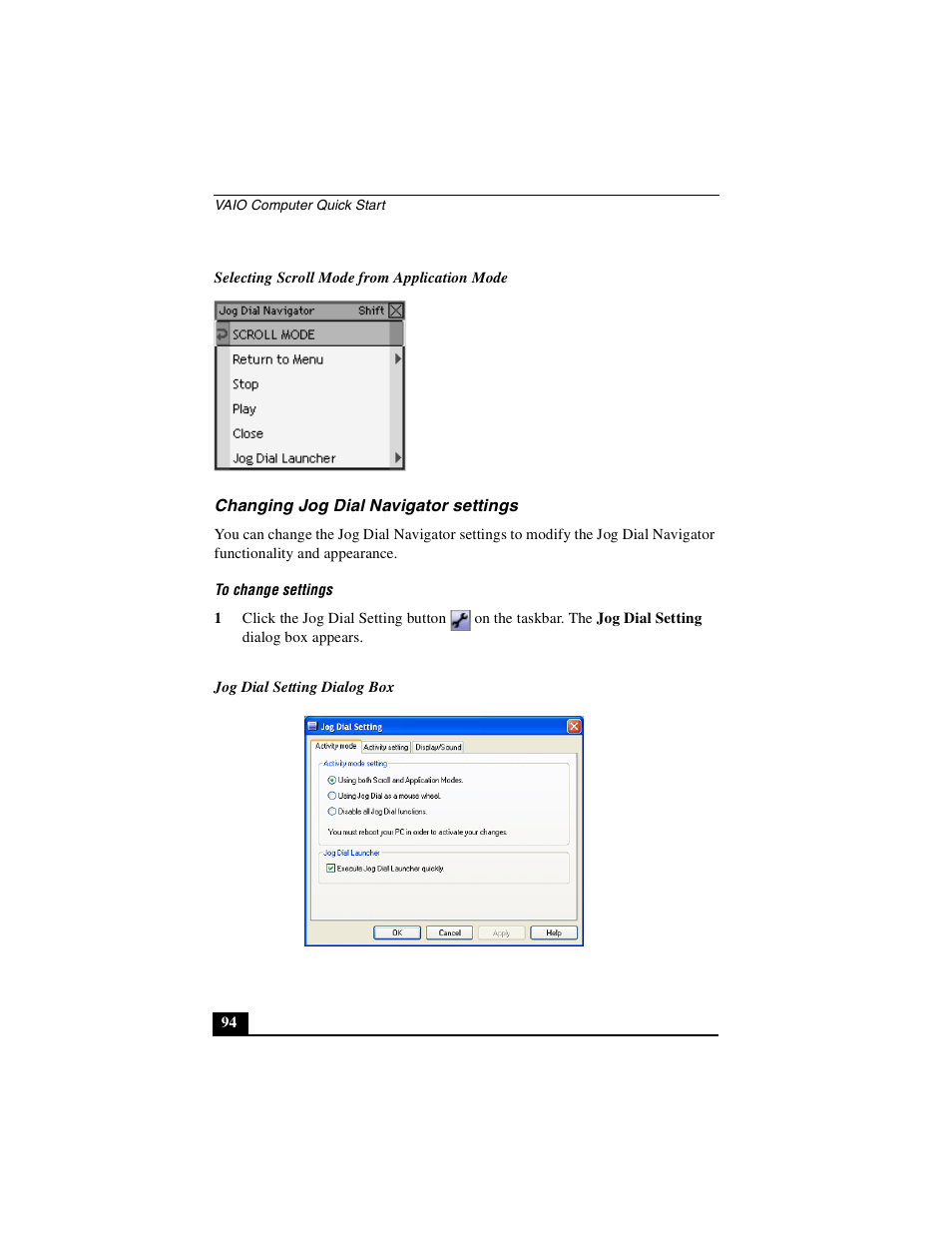 Changing jog dial navigator settings | Sony PCG-NV290 User Manual | Page 94 / 206