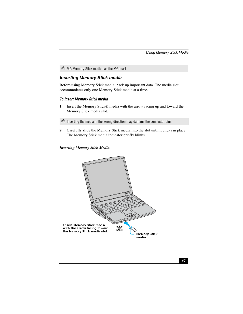 Inserting memory stick media | Sony PCG-NV290 User Manual | Page 97 / 206