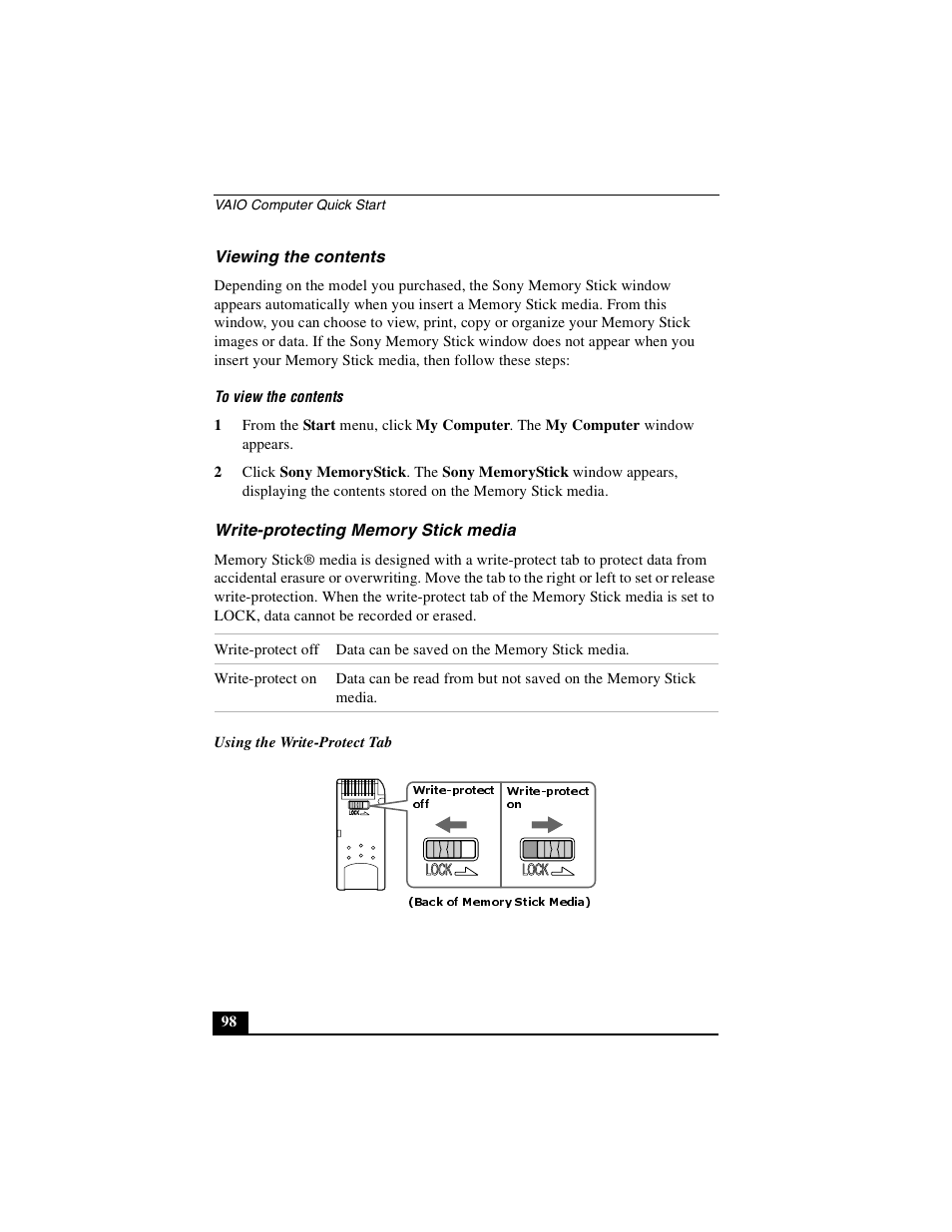 Viewing the contents, Write-protecting memory stick media, Off write-protect on | Sony PCG-NV290 User Manual | Page 98 / 206